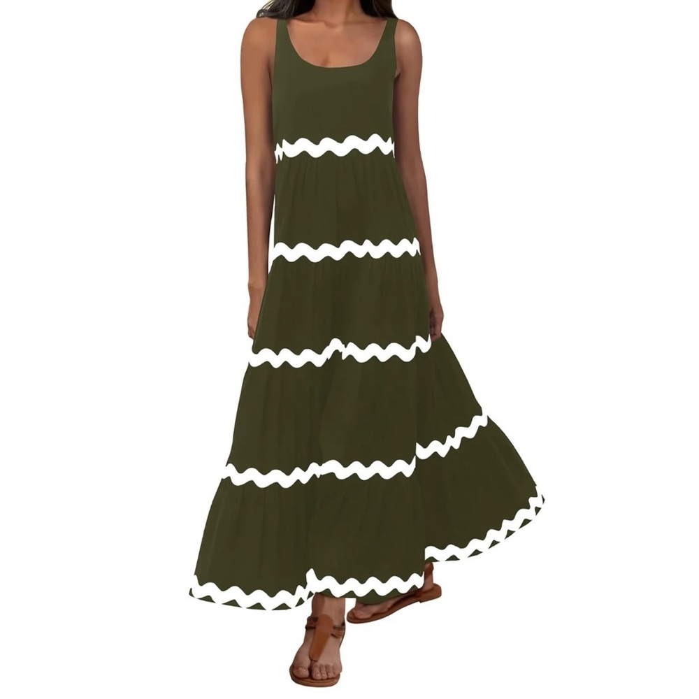 Pretty Garden Olive Green Sleeveless Tiered Flowy Scoop Neck Maxi Dress-Medium